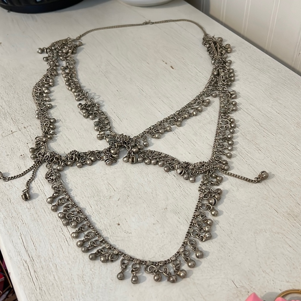 Vintage Tribal silver tone heavy Stamped K.L. Belly dancing bells belt necklace